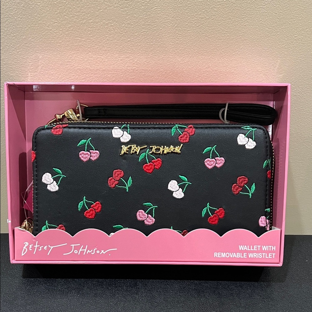 Betsey Johnson | Heart/Cherry Embroidered Wallet w/ Removable Wristlet Strap - Picture 1 of 12